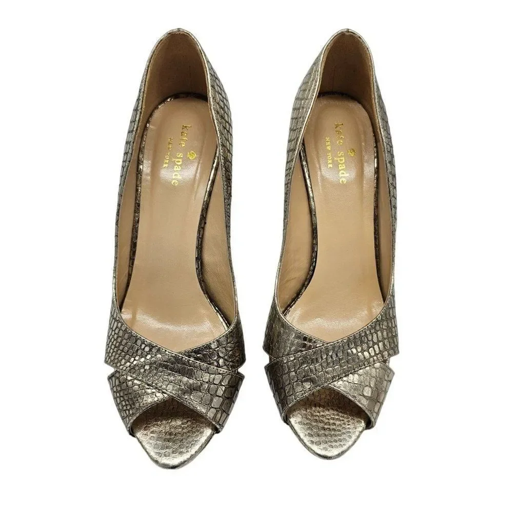 Kate Spade Gold animal embossed print leather peep toe heels Size 8